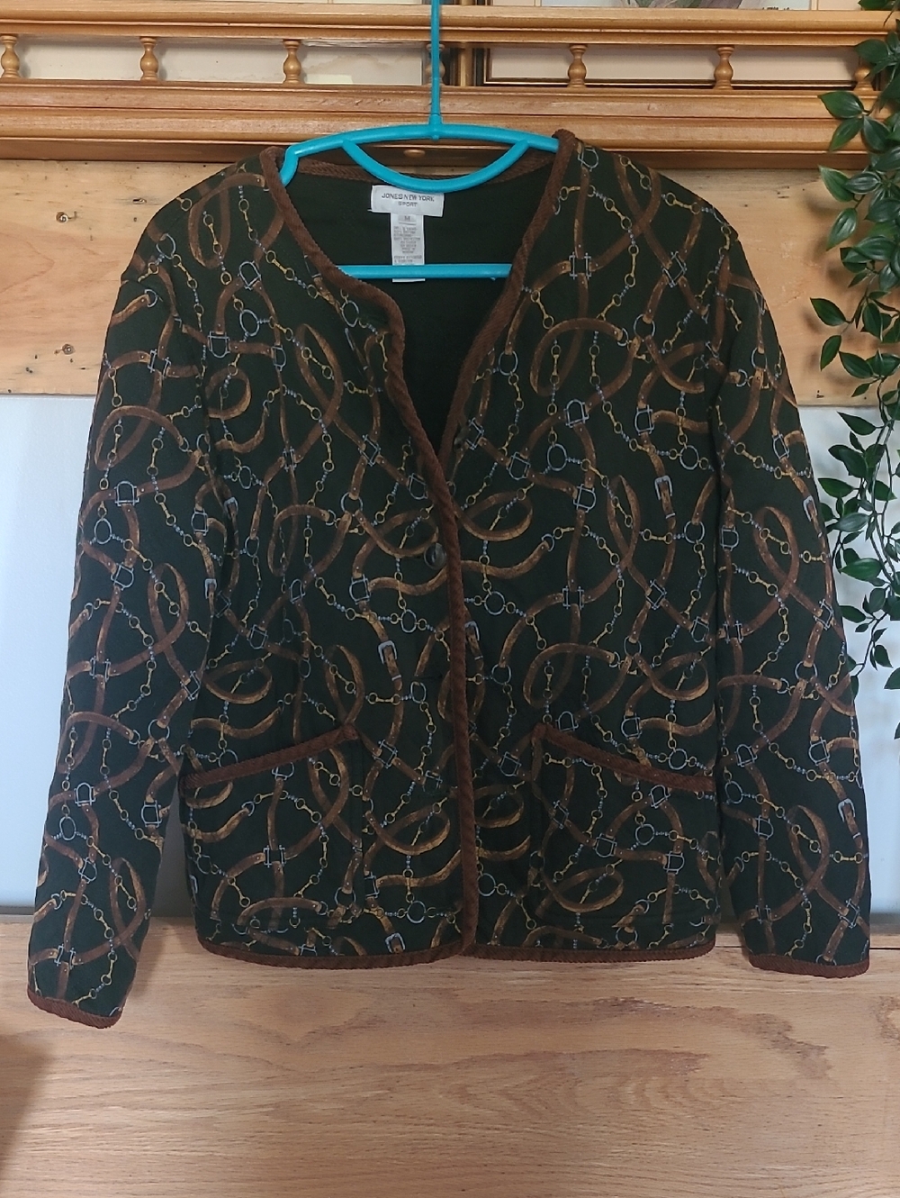 Jones New York Forest Green Quilted Jacket with Brown Equestrian Print